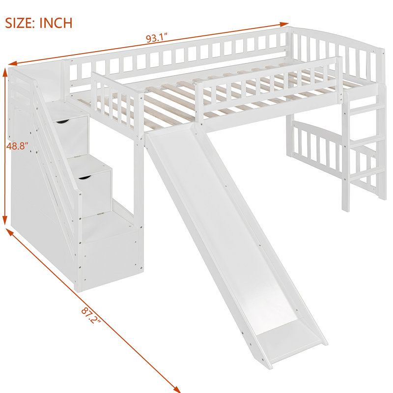 Lit mezzanine avec deux tiroirs et glissade, Blanc