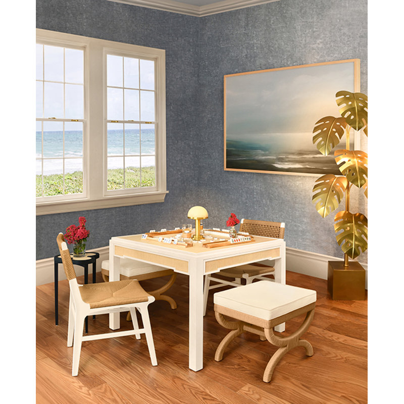 Square Two Drawer Game Table In Matte White Lacquer Frame And Inset Natural Grasscloth