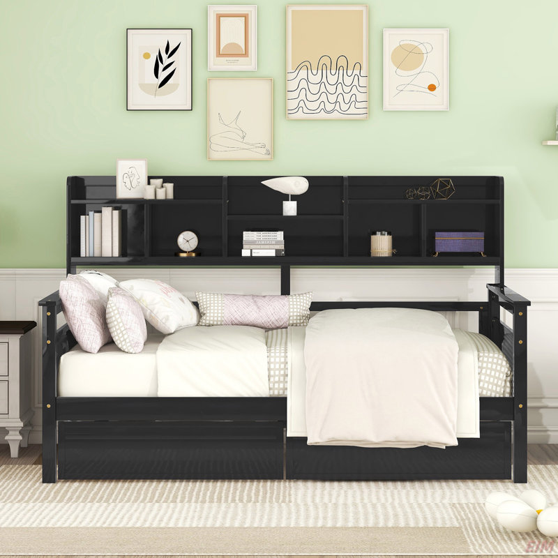 Twin Size Daybed, Wood Slat Support, With Bedside Shelves And Two Drawers (Daybed), Gray