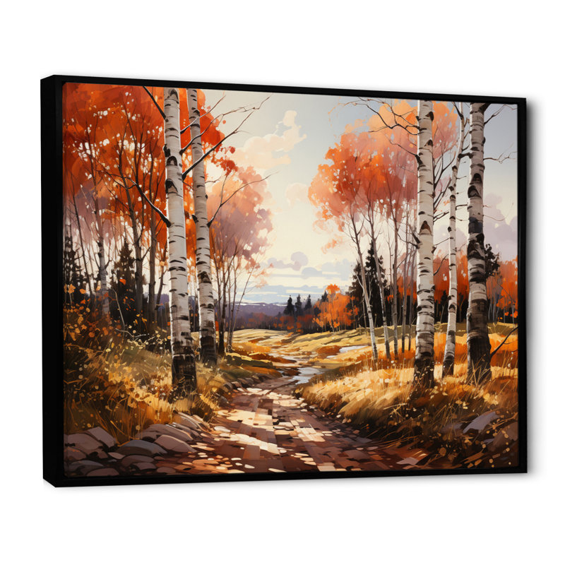 Birch Woods Gilded Pathway V - Tree Birch Wall Art Prints, H 34 po x l 44 po x P 1,5 po, Cadre flottant noir