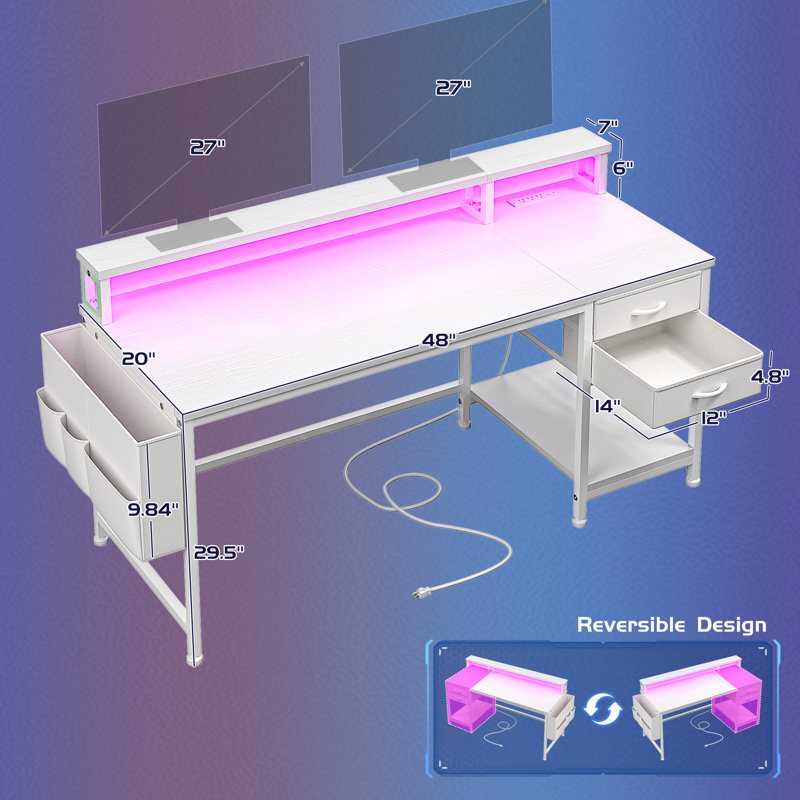 Computer Desk With Monitor Stand & Power Outlet & 2 Drawers & Side Pocket,gaming Desk With Led Lights, White