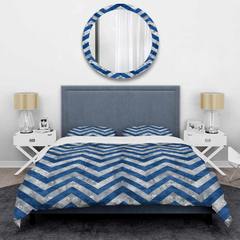 Ensemble de housse de couette moderne à chevrons bleu et argent IV, Housse de couette très grand et 2 très grandes t