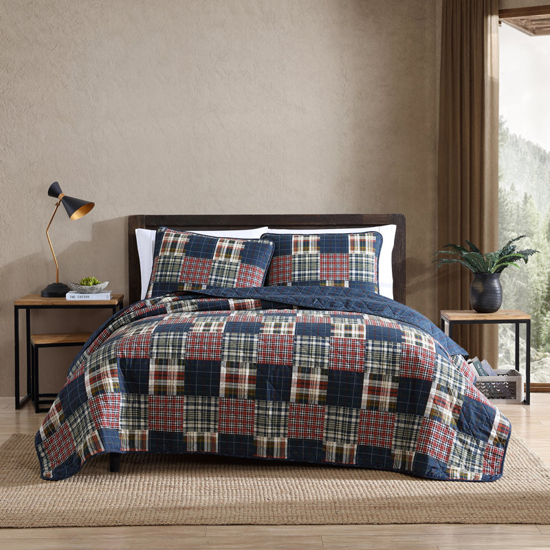 Eddie Bauer Madrona Blue Cotton Reversible Quilt Set, Twin Quilt + 1 Standard Sham, Navy