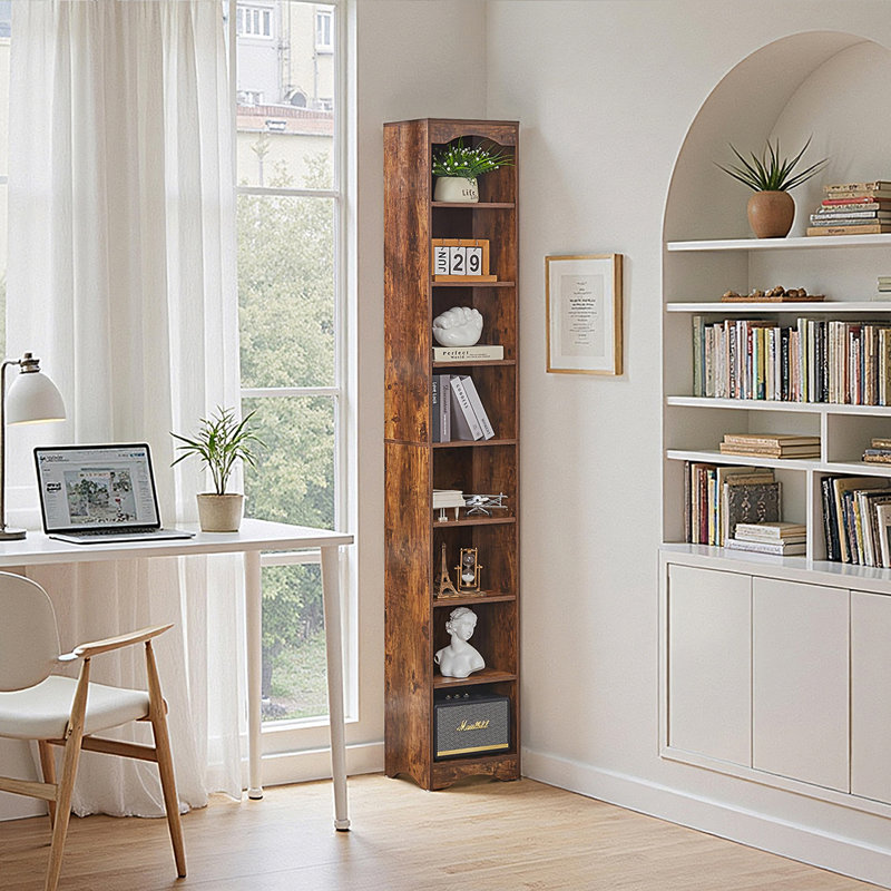 Tall Narrow Bookcase Set Of 2 With Adjustable Shelves, 8 Tier Slim Storage Bookshelf With Anti-Tip Device,  Storage Cabinet Floor Standing Display Shelf For Small Spaces