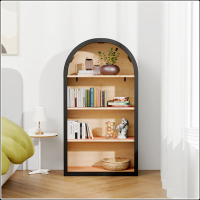 Bibliothèque à 4 niveaux arquée noire de 43 pouces de hauteur avec tablettes de rangement spacieuses pour un décor moderne et classique