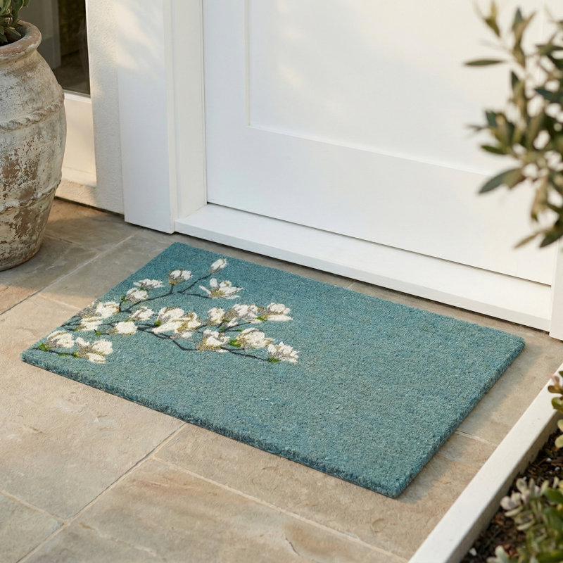 Yohane Magnolia Branch Entryway Doormat, 18" x 30" Thick, Magnolia Branch - Teal