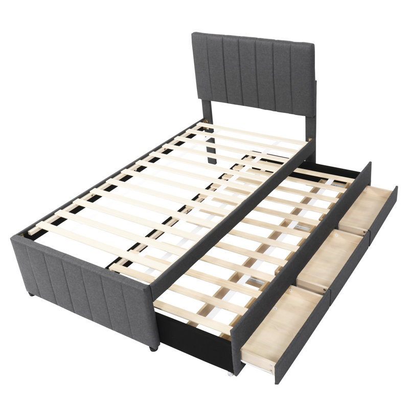 Lit plateforme simple tapissier avec lit gigogne et 3 tiroirs attrayants en lin gris - look moderne