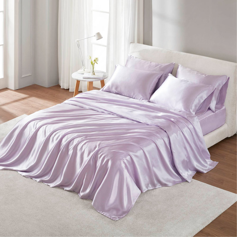 Ensemble de draps 6 pièces en satin de luxe, infroissables et soyeux pour un sommeil confortable, Mauve