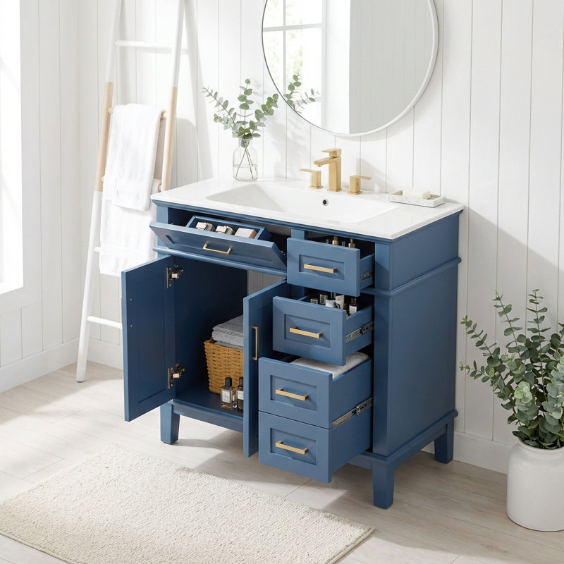 Meuble-lavabo moderne avec lavabo en céramique, portes à fermeture douce et plusieurs tiroirs de rangement