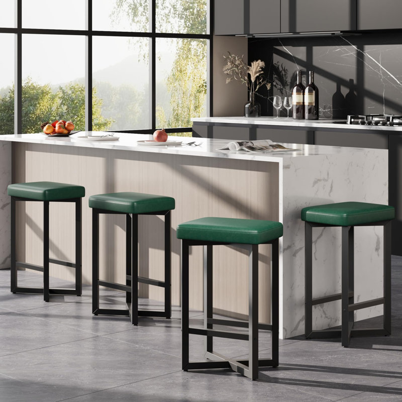 Tabourets de bar sans dossier de 25 po de hauteur, cuir PU à hauteur de comptoir, structure en X en métal, Green/Black, 4