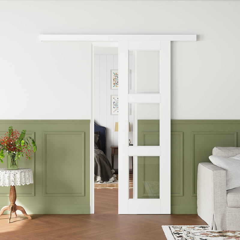 Porte de grange coulissante en verre massif pré-assemblée avec panneau caché et 3 pièces, 24 po x 80 po, Standard