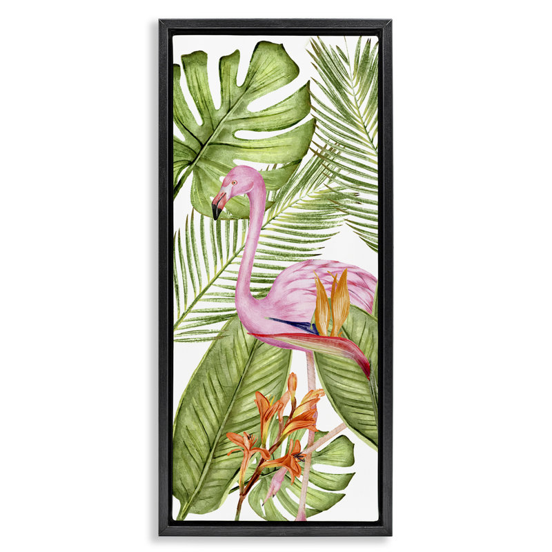 Plantes tropicales et flamant rose, Cadre flottant noir de jais, H 31 po x l 15 po