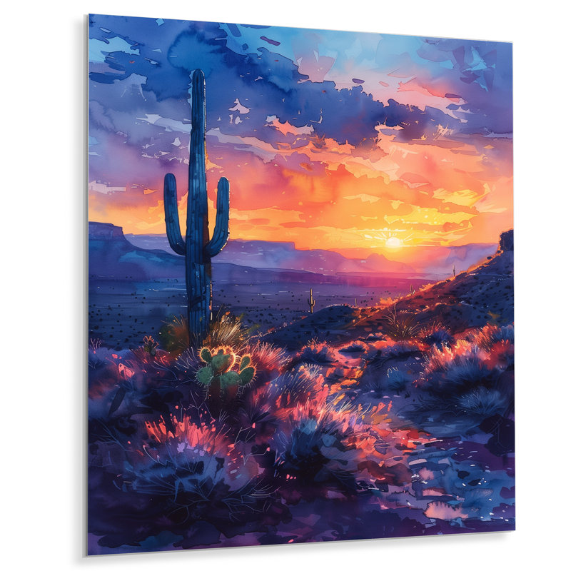 Cactus vert, mauve, désert, coucher de soleil III - décoration murale cactus floral, Métal métal