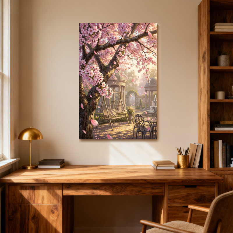 Scène de jardin avec balançoire et table Plantes et fleurs