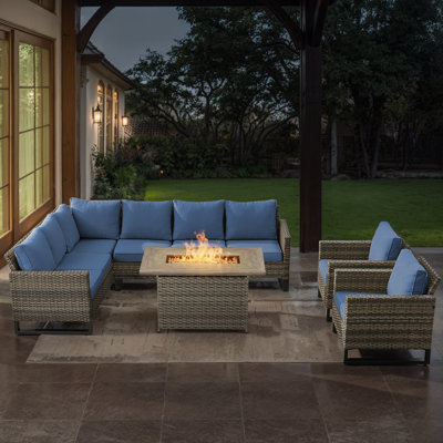 Ingvald 8- Person Outdoor PE Wicker Patio Seating Group with Fire Pit and Cushions