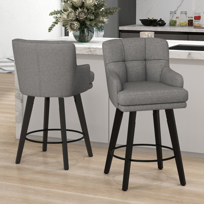 26''H Upholstered 360°Swivel Counter Height Bar Stools, Wood Legs Kitchen Island Chairs