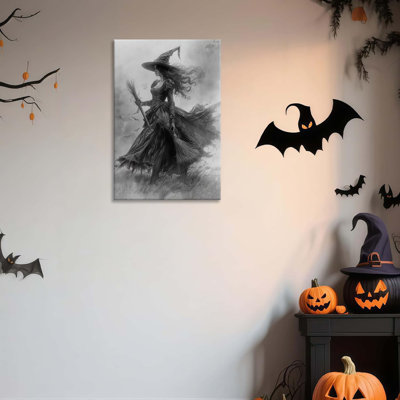Framed Halloween Witch Canvas Wall Art, Vintage Black And White Witch Poster, Gothic Dark Academia Wall Decor,Spooky Halloween Decor For Living Room,Bedroom,Bathroom 16X24 Inch