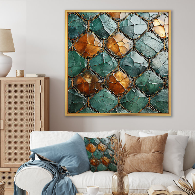 Carreaux de mosaïque en marbre vert et or II - art mural abstrait, Or, H 30 po x l 30 po