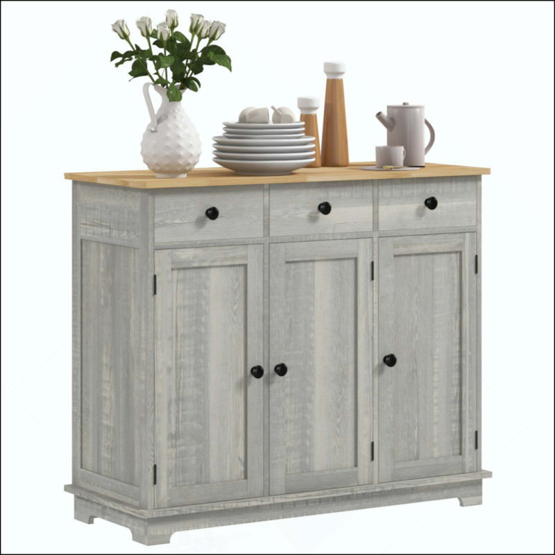 Buffet avec comptoir en bois massif, armoire de rangement de cuisine moderne, armoire à café avec 3 tiroirs, portes et tablette réglable