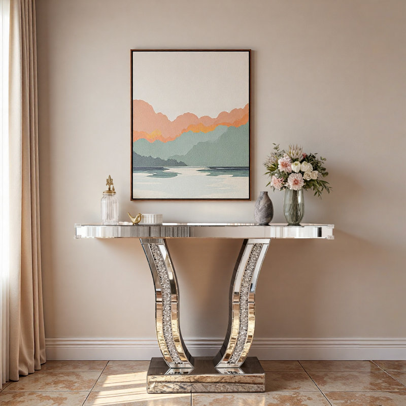Console à miroir argenté avec pieds incurvés et pierres imitant le cristal