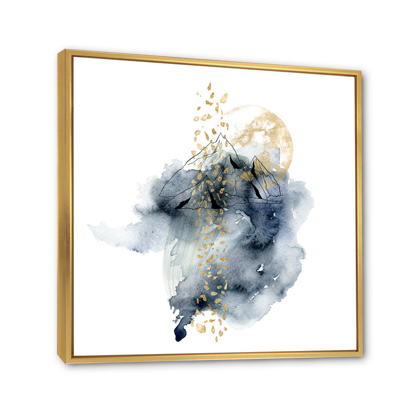 «Minimalistic Landscape of Mountains with Moon», peinture sur toile à cadre flottant, Toile encadrée d'or