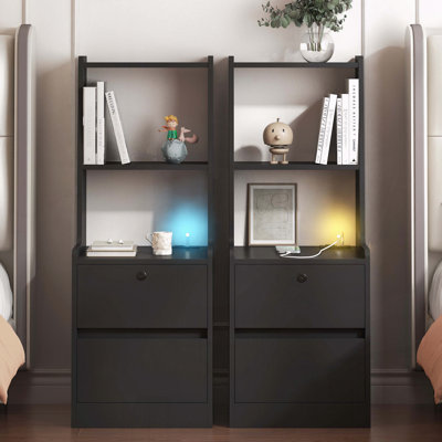 Ensemble de 2 tables de chevet intelligentes avec station de charge et veilleuse à commande vocale