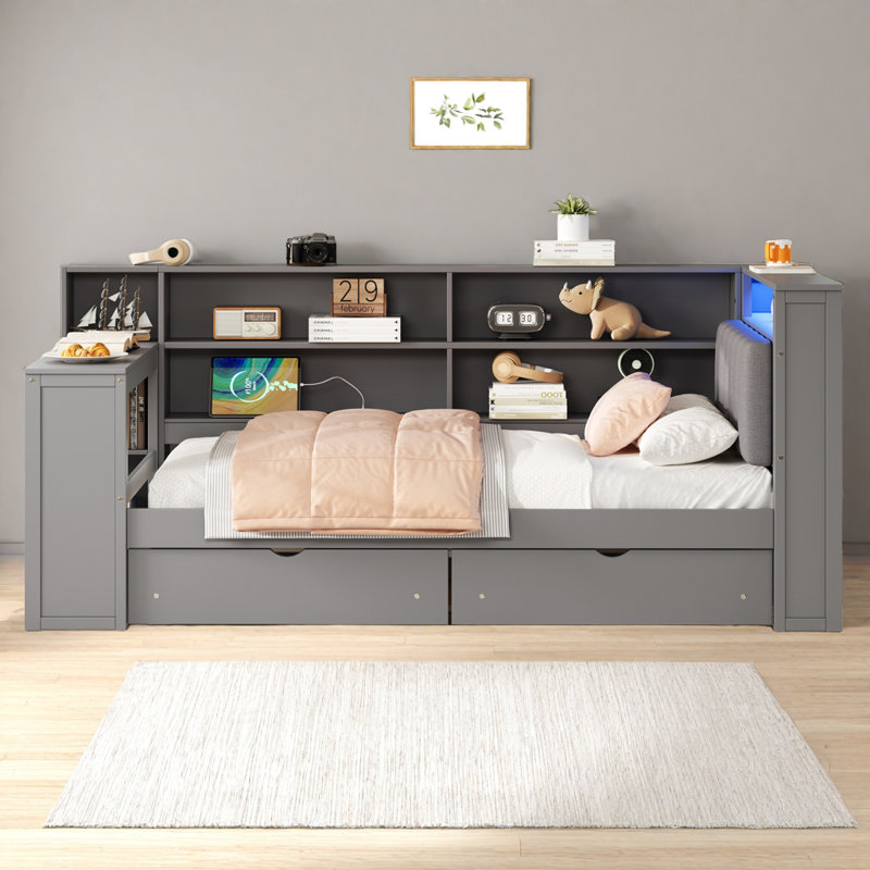 Lit plateforme double pleine grandeur - Lit tapissier avec tablettes de rangement, tiroirs, station de charge, tête de lit à DEL et bureau intégré (capacité de 550 lb)