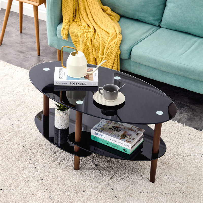Table basse ovale noire en verre, table de salon moderne avec pieds en chêne et table de thé en verre trempé 3 couches, Black