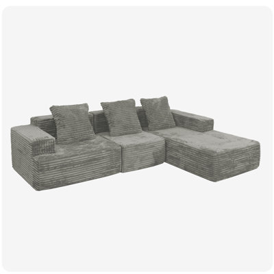 Compression Sectional Boneless L Shape With Comfy Chaise And Deep Seat, Modular Sleeper For Apartment Living Room Bedroom Lounge, Antique Grey Corduroy, 3 Medium - Firm American Style, Foam Filled,