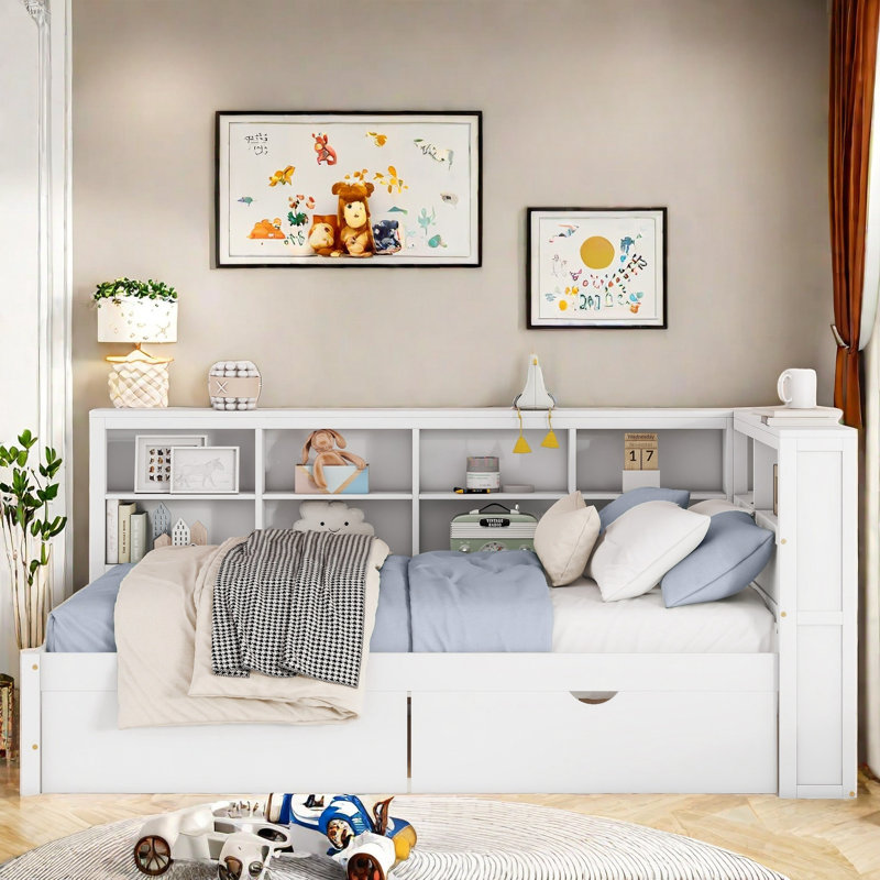 Wooden Daybed With 2 Drawers, Storage Shelf And Usb Charging Ports, White
