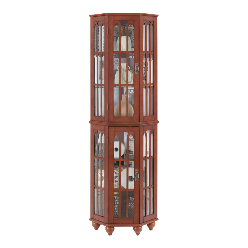 Vitrine de coin avec 4 tablettes réglables en verre trempé et système d'éclairage, Noyer