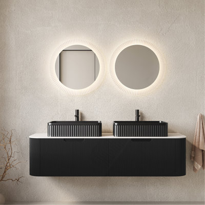 60" Bathroom Vanity&Sinks, Floating Curved Edges Striped Storage Cabinet with 2 Drawers, 2 Black Rectangular Ceramic Basins&White Sintered Stone Top, Pre-assembled Dark Walnut
