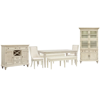 Extendable Rectangular Dining Table With 2 Benches 2 Arm Chairs Server And Dining Cabinet