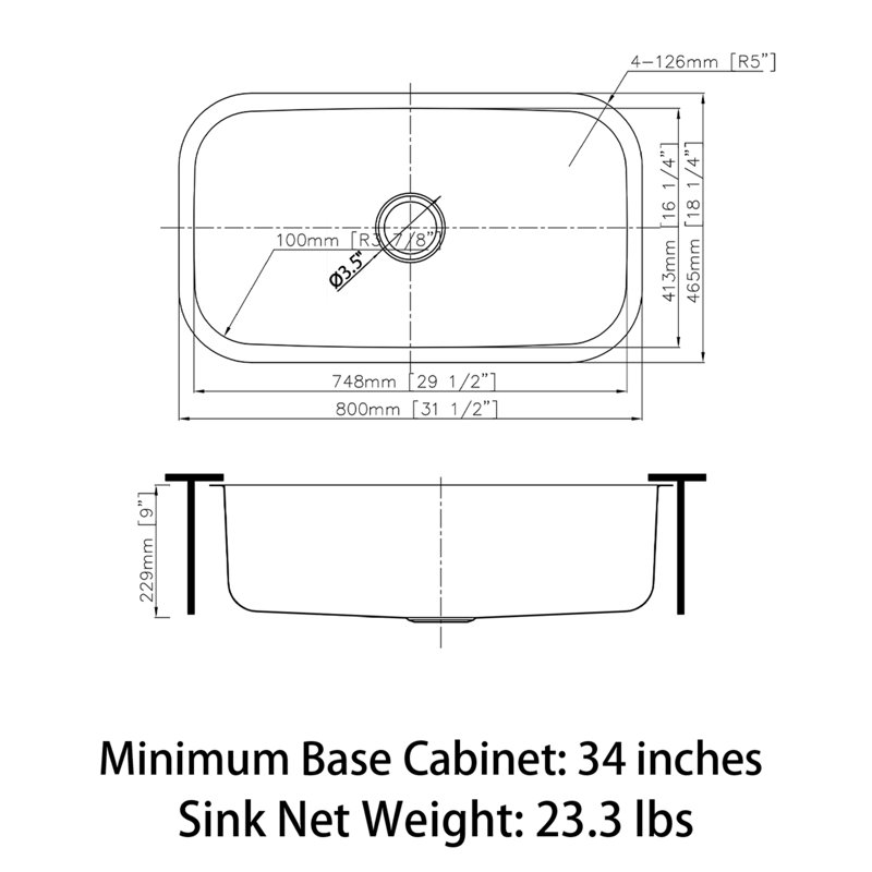 Sinber 33" Satin Stainless Steel Undermount Single Bowl Kitchen Sink