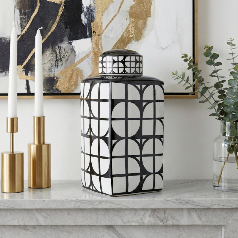 Geometric Ceramic Table Jar with Lid for Home Decor - Decorative Patterned Tall Jar for Shelf Styling, Console Display, and Tabletop Accent