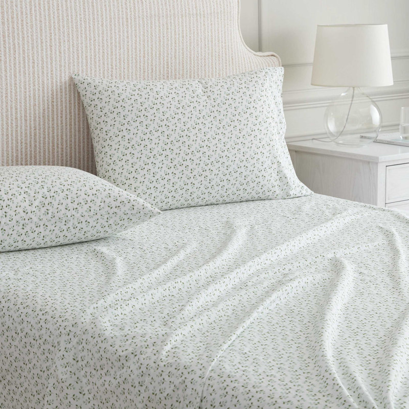 Martha Stewart Cotton Percale  Sheet Set, Queen Sheet Set with 2 Pillowcases, Ticking Stripe Green