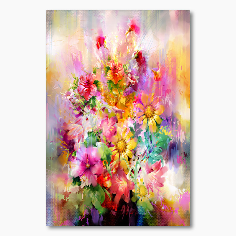 Rétro fleurs multicolores printanières sur toile - Art mural traditionnel sur toile