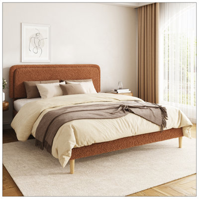 King Bed frame, Plush Upholstered Platform Bed with Height-Adjustable Headboard, Sturdy Frame and Alats, Quiet Design, No-Spring Mattress Compatible, Easy to Assemble, Brown