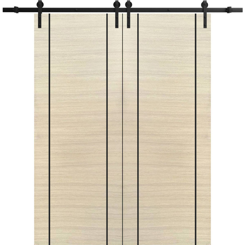Portes coulissantes doubles de style grange avec quincaillerie Planum 0017, placage naturel, rail de 4 m (13 pi), supports robustes, ensemble moderne à panneaux pleins, pour intérieur, hall, chambre ou salle de bain - 142 cm x 213 cm (56 po x 84 po) (2 x 71 cm x 283 cm) - Rail noir