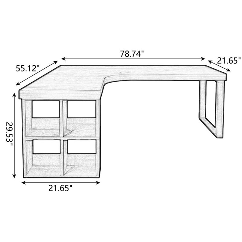 Bureau en coin en bois massif avec tablette en L et bibliothèque, 29.53" H x 78.74" W x 55.12" D, Retour à gauche