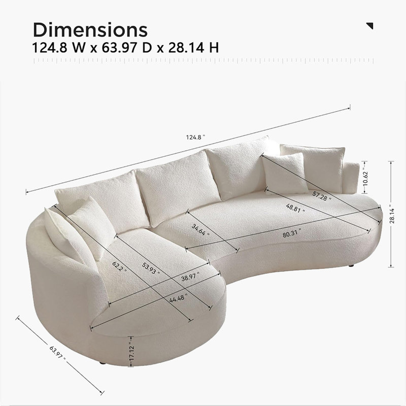 125" Oversized Modern Curved Bouclé Sectional Sofa with Chaise and Pillows, Left Hand Facing