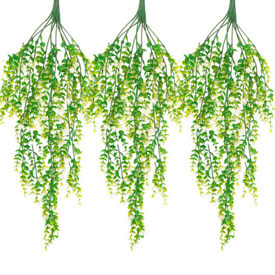 3 Pack Artificial Hanging Plants Fake Hanging Flowers Faux Eucalyptus Leaf Greenery Vine UV Resistant Plastic Plant for Indoor Outdoor Decor, White