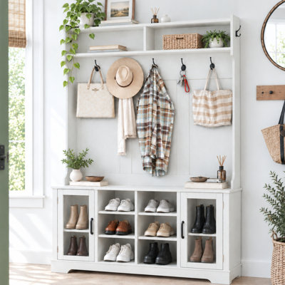 47.3" Wide Hall Tree with Bench and Shoe Storage, 4-in-1 Entryway Coat Rack with Hooks, for hallways
