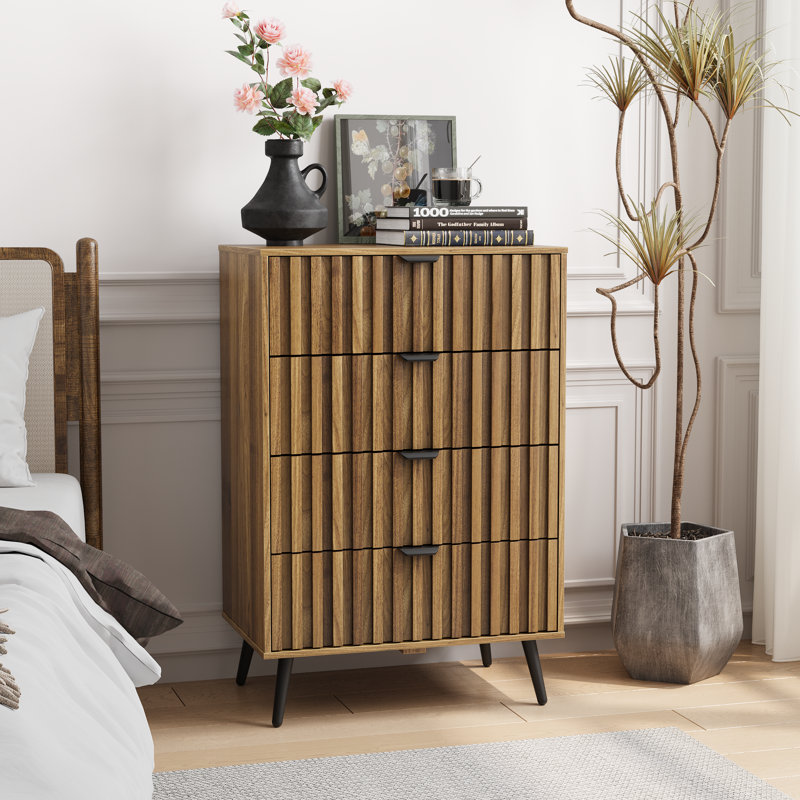 Commode à 4 tiroirs avec commode haute pour chambre à coucher, salon, entrée, noyer