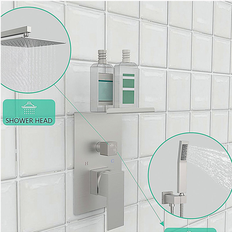 Système de douche à pluie avec support de rangement Ensemble de robinet de douche 10 pouces Nickel brossé à haute pression avec pomme de douche carrée Fixation murale de luxe