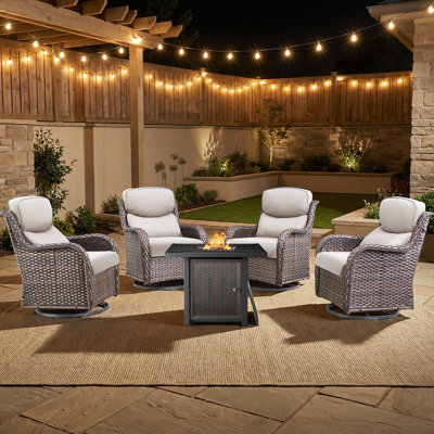 Simino 4-Person All Weather Wicker Outdoor Swivel Seating Group With Square Metal Fire Pit Table