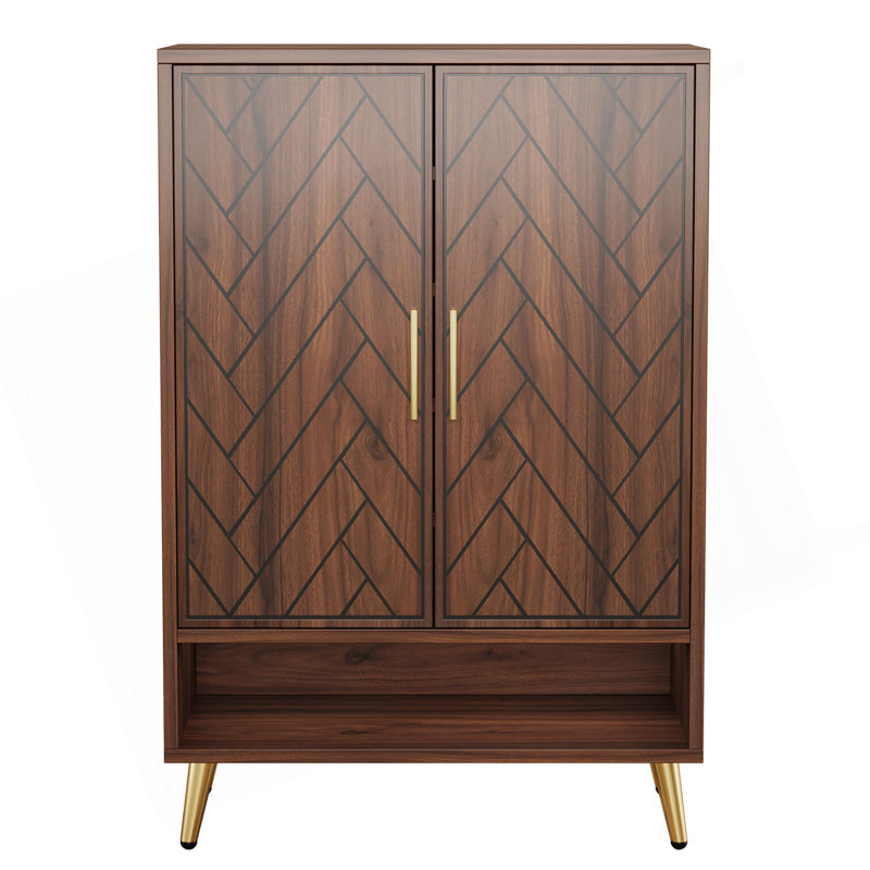 Armoire à chaussures 31,5 pouces en bois noyer et or avec portes