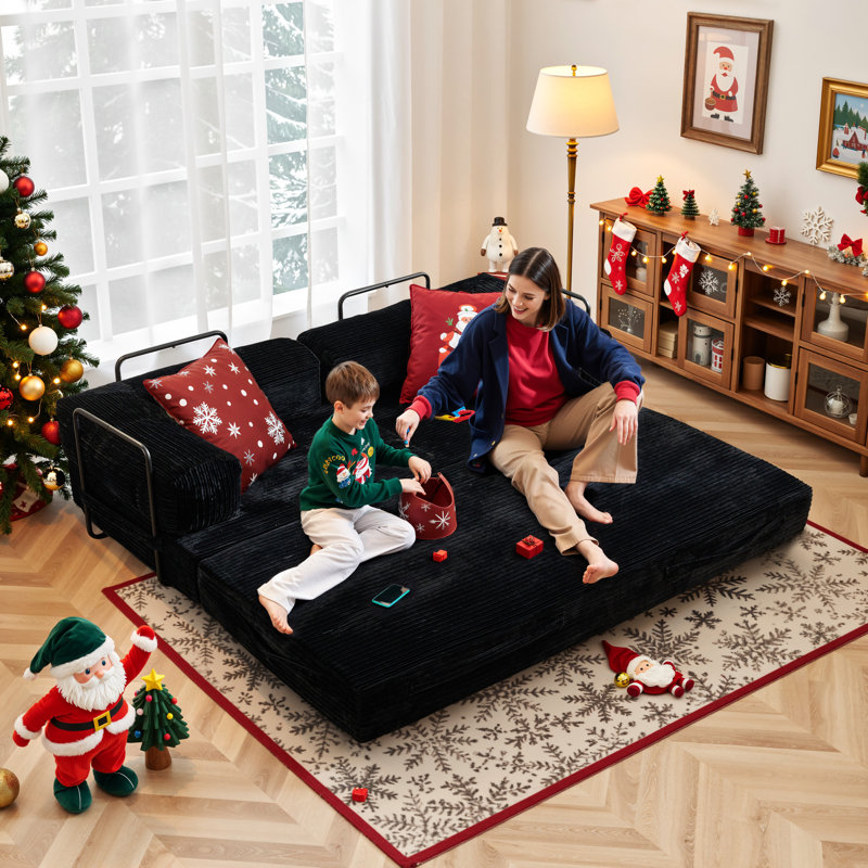 Canapé-lit en tissu désossé sans assemblage requis pour 2 personnes, Polyester noir