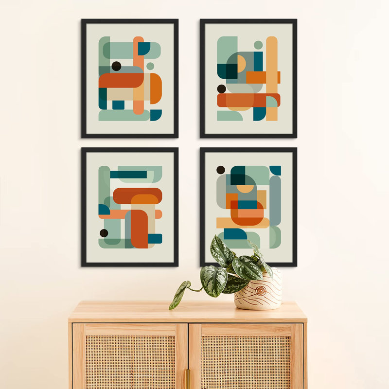 Colorful Mid-Century Geometric - Ensemble de 4 reproductions de cadres photo simples, Blanc, H 10 po x l 8 po