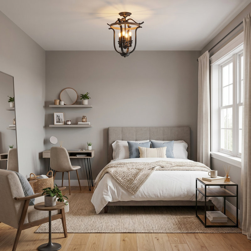 4-light Farmhouse Semi Flush Mount, Black/Wood Accent